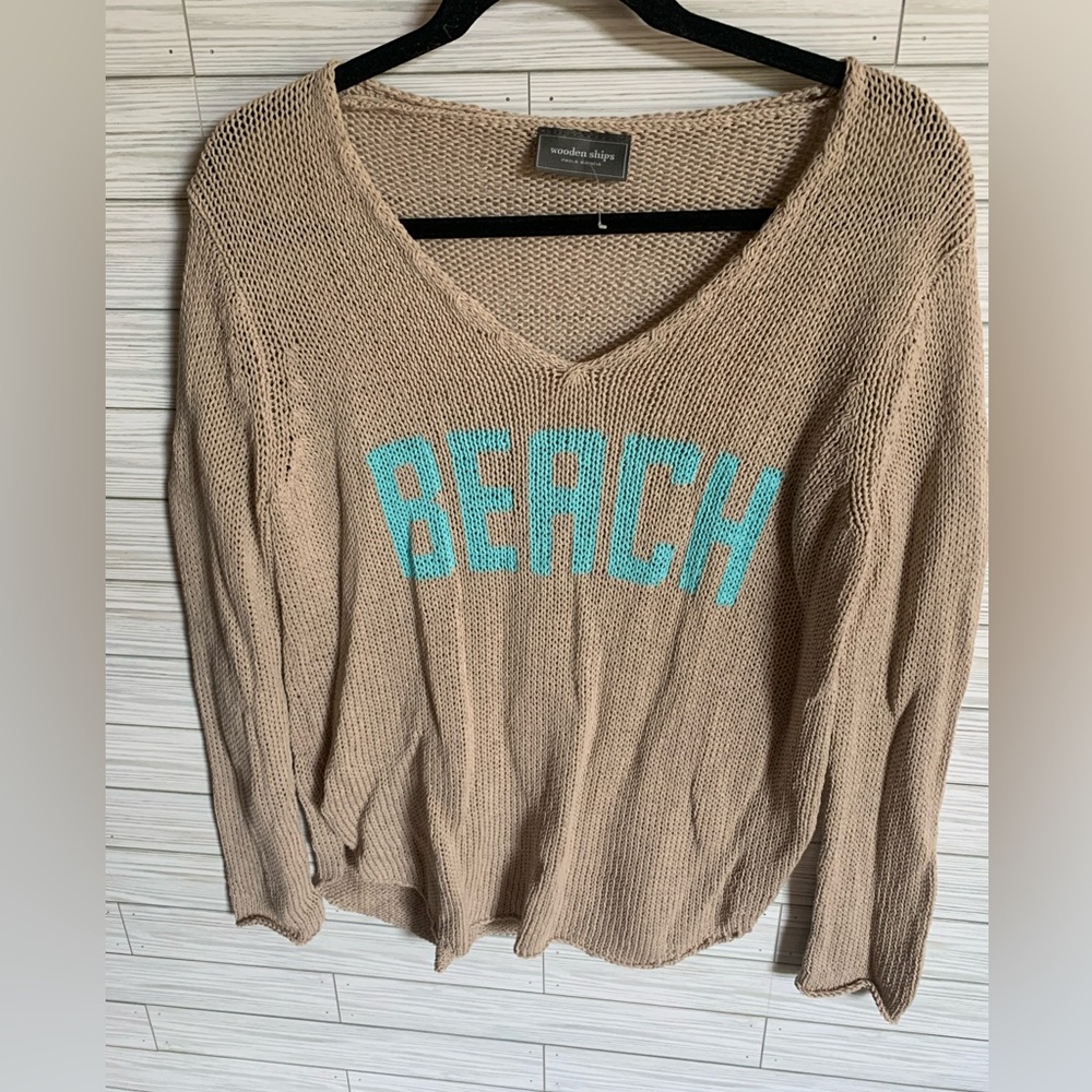 Wooden Ships Beige V-Neck Knit Sweater with Turquoise 'BEACH' Text